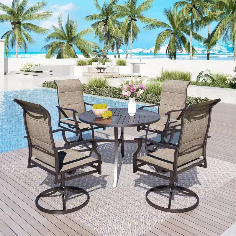 2 sedie da patio imbottite in acciaio con braccioli girevoli a 360° e seduta e schienale in tessuto a rete - Captiva Designs: Mobili da esterno resistenti alle intemperie e alla ruggine