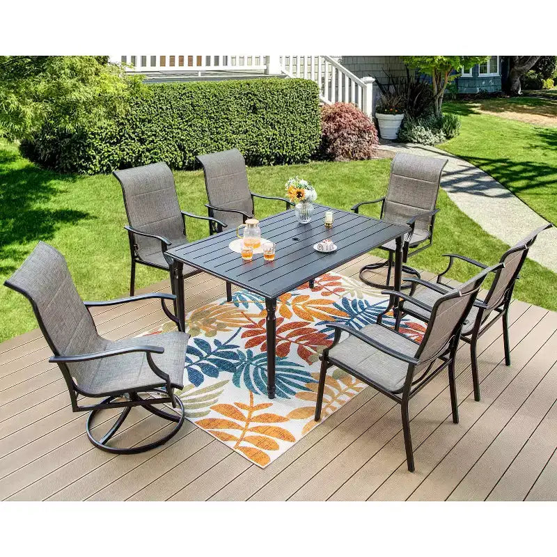 2 sedie da patio imbottite in acciaio con braccioli girevoli a 360° e seduta e schienale in tessuto a rete - Captiva Designs: Mobili da esterno resistenti alle intemperie e alla ruggine