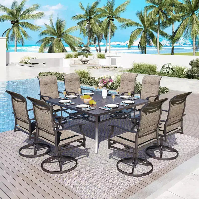 2 sedie da patio imbottite in acciaio con braccioli girevoli a 360° e seduta e schienale in tessuto a rete - Captiva Designs: Mobili da esterno resistenti alle intemperie e alla ruggine