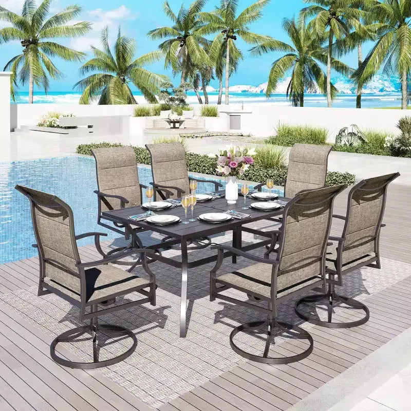 2 sedie da patio imbottite in acciaio con braccioli girevoli a 360° e seduta e schienale in tessuto a rete - Captiva Designs: Mobili da esterno resistenti alle intemperie e alla ruggine