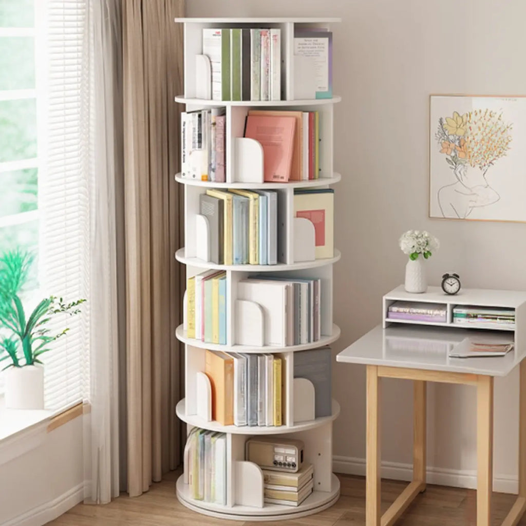 Libreria girevole cilindrica in legno marrone con schienale aperto