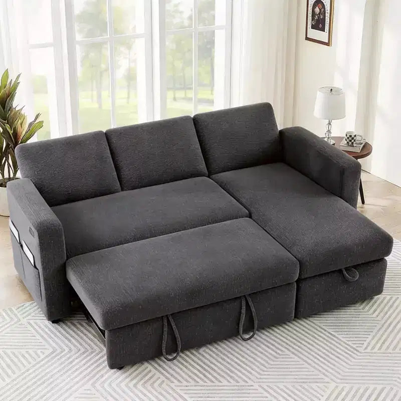 Divano Letto Estraibile 2 in 1 con Chaise Longue Contenitore, Divano Componibile in Ciniglia con Porte USB per Soggiorno