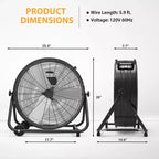 Ventilatore da Pavimento, Ventilatore Industriale - Ventilatore a Tamburo Robusto da 24 Pollici con 4 Velocità, Circolatore d'Aria in Metallo per Magazzino, Officina, Garage, Fabbrica, Cantina