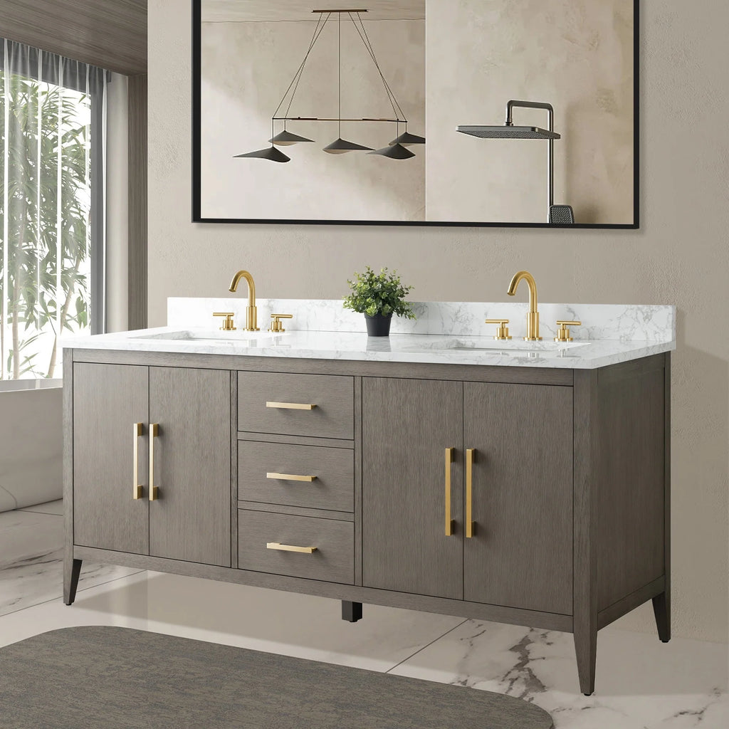 Mobile lavabo doppio Vanity Art 72 per bagno con piano in marmo composito