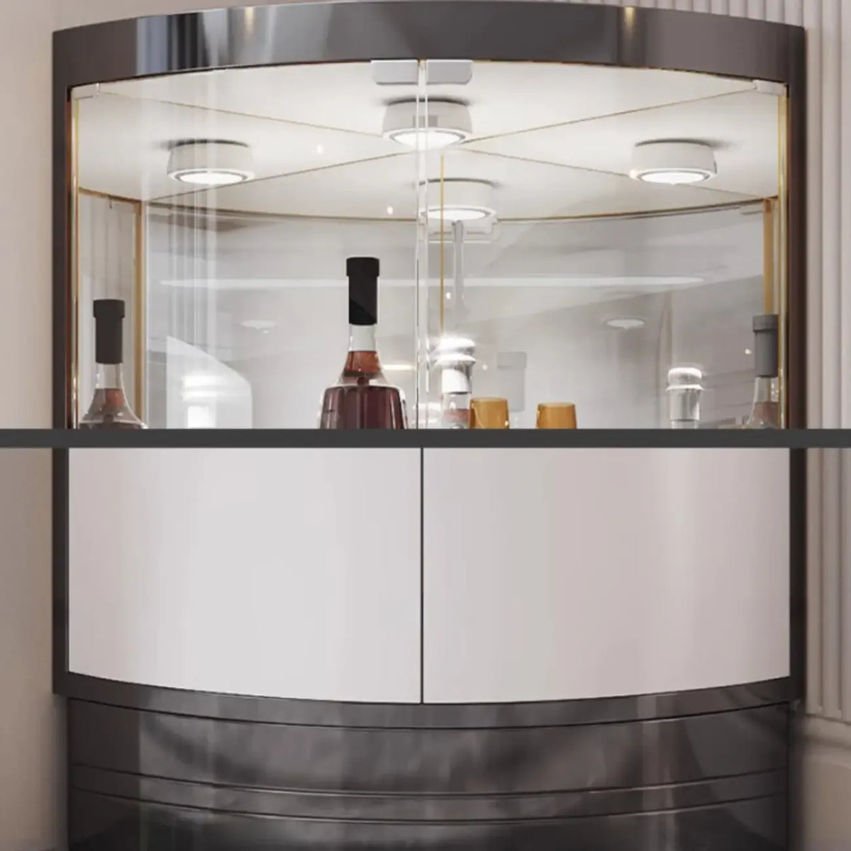 Mobile Bar Angolare con Scaffali Multipli in Vetro e Metallo per Esposizione