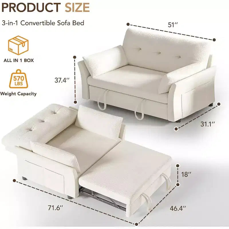 Dyonery Divano Letto Convertibile 3-in-1, Divano Letto Estraibile con Tasca Laterale e Schienale Regolabile, Montaggio Senza Attrezzi, Divanetto Pieghevole