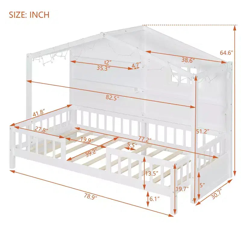Letto a capanna per bambini con scaffali e sponde, Struttura letto in legno stile Montessori per bambini con finestra e striscia luminosa scintillante