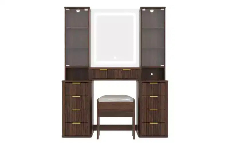 JVNOXK Set Toeletta Moderno da 43,5 Pollici con Specchio e Luce, con Cassetti e Mobiletto in Vetro Trasparente, Include Sgabello e Stazione di Ricarica, Marrone