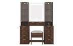 JVNOXK Set Toeletta Moderno da 43,5 Pollici con Specchio e Luce, con Cassetti e Mobiletto in Vetro Trasparente, Include Sgabello e Stazione di Ricarica, Marrone