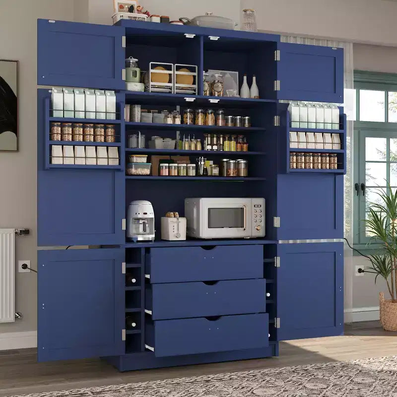 Dispensa Alta da Cucina con Prese di Corrente, Grande Credenza Autoportante con Supporto per Microonde, Cassetti, Scaffali, Portabottiglie e Ante con Ripiani