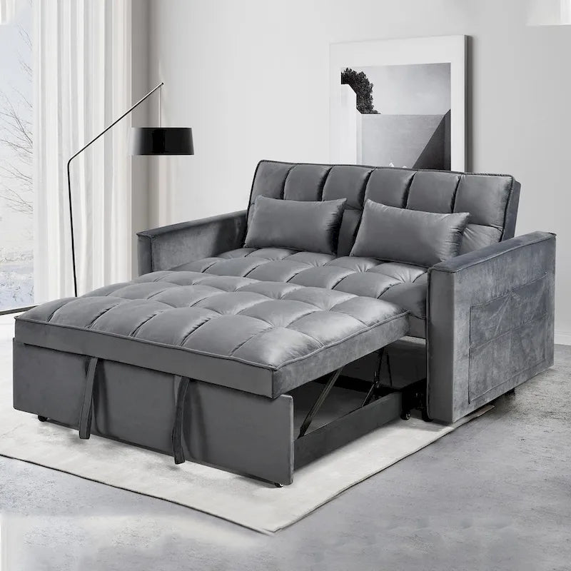 Divanetto futon moderno in velluto con schienale reclinabile e tasche, 2 posti – Grigio scuro / Grigio chiaro / Blu / Nero
