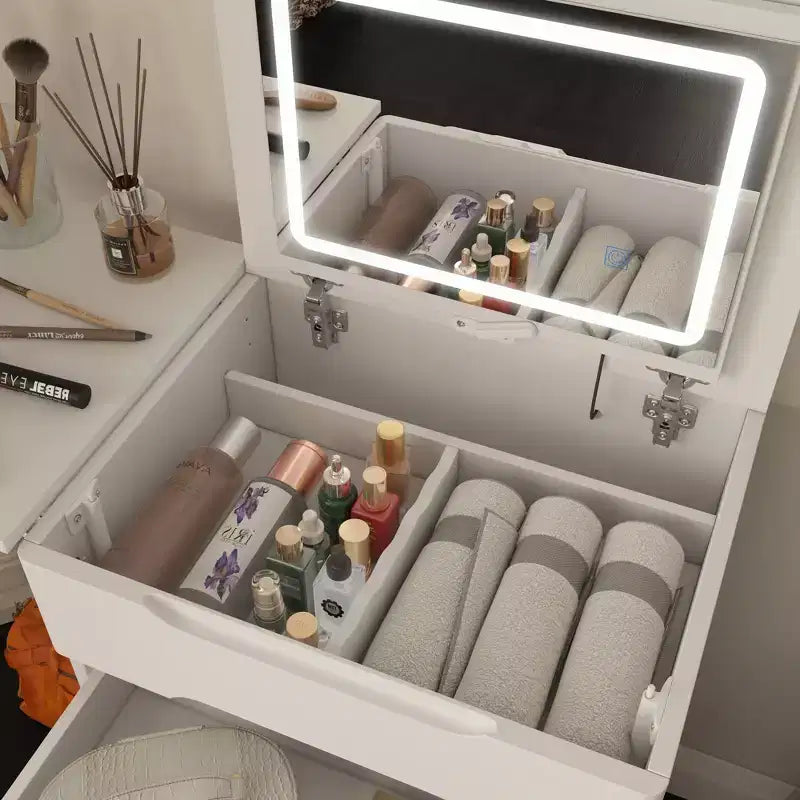 Toeletta Pieghevole Bianca con Contenitore - Tavolo Trucco Compatto con Organizzazione