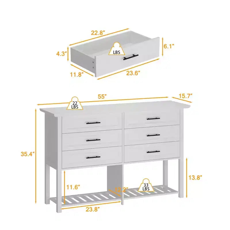 Comodino orizzontale a 6 cassetti con ripiano, mobiletto portaoggetti per soggiorno, bianco