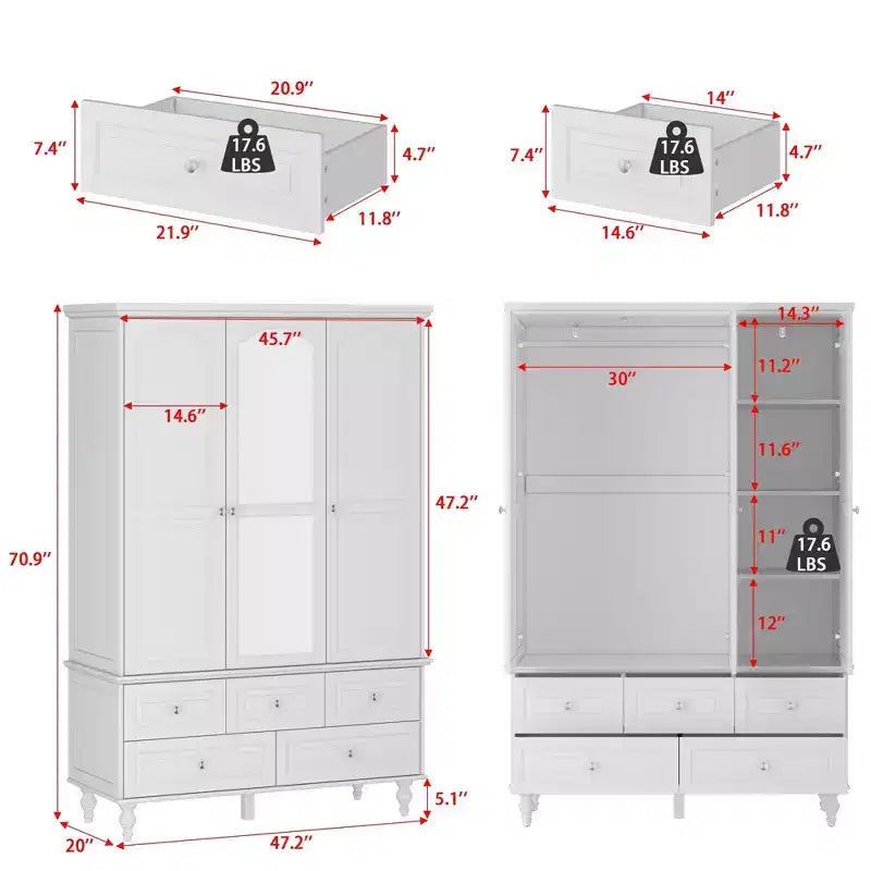Armadio con Specchio 3 Ante 5 Cassetti Stile Classico