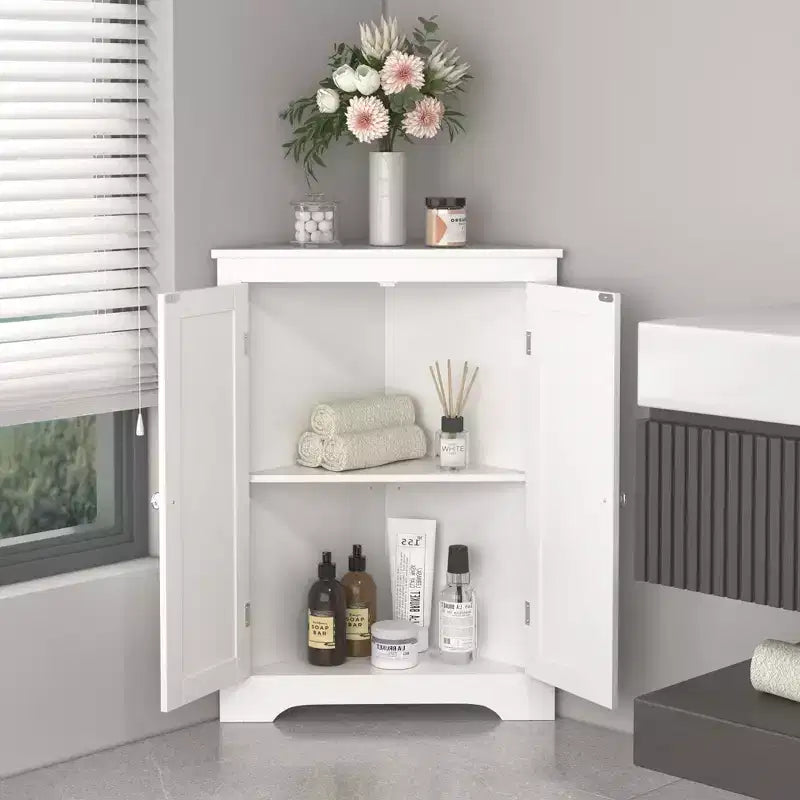 Mobile angolare bianco da terra con 2 ante e ripiani regolabili per bagno, cucina, soggiorno