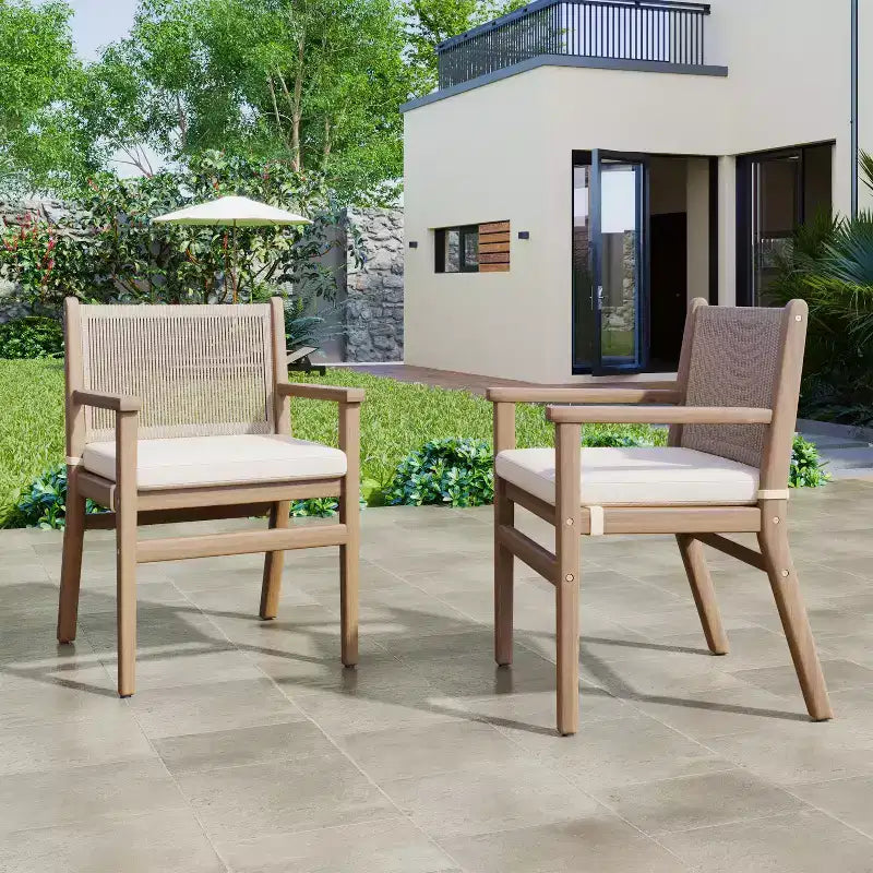 Christopher Knight Home Wecker Outdoor Rope Weave Acacia Wood Dining Chairs ( Set of 2), Beige/ Light Brown