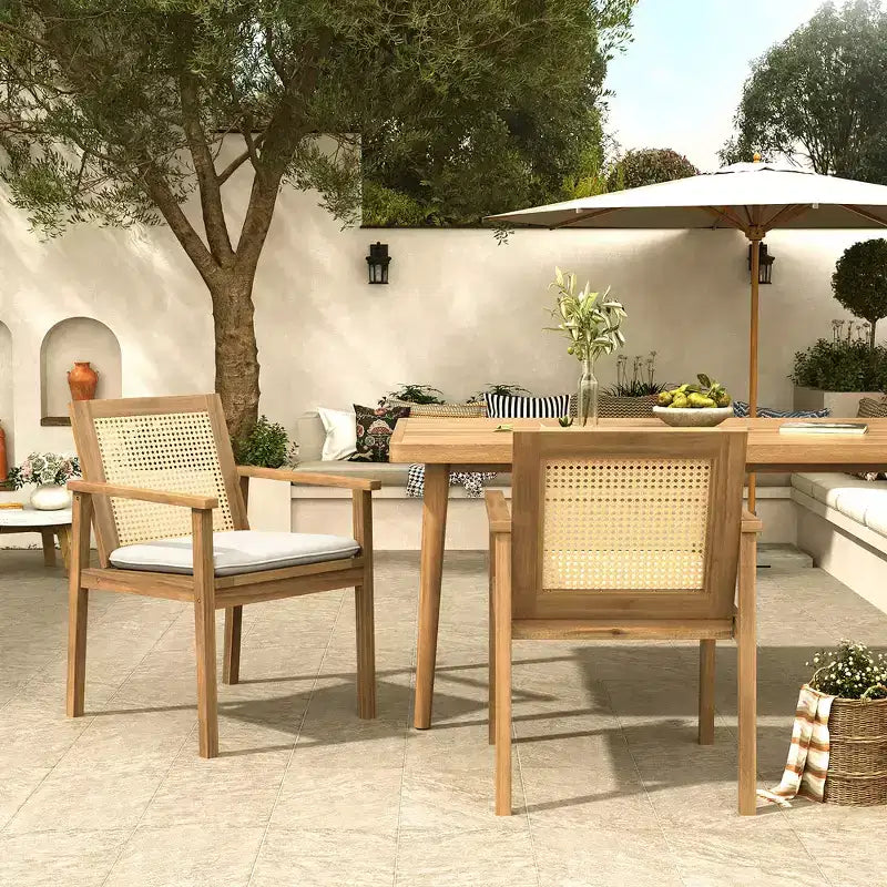 Christopher Knight Home Otis Sedie da Pranzo da Esterno in Rattan Intrecciato e Acacia con Cuscino Rimovibile (Set di 2)