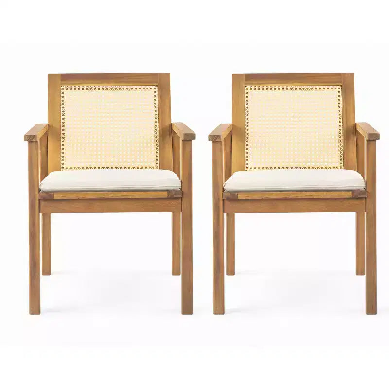 Christopher Knight Home Otis Sedie da Pranzo da Esterno in Rattan Intrecciato e Acacia con Cuscino Rimovibile (Set di 2)