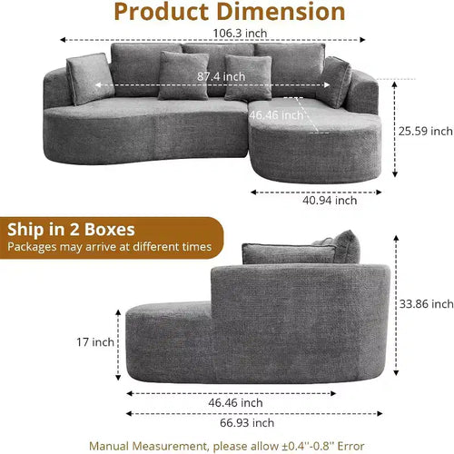 Divano componibile curvo a 106'' con chaise longue e funzione letto, tessuto ciniglia, nessun montaggio richiesto per soggiorno/appartamento/camera da letto