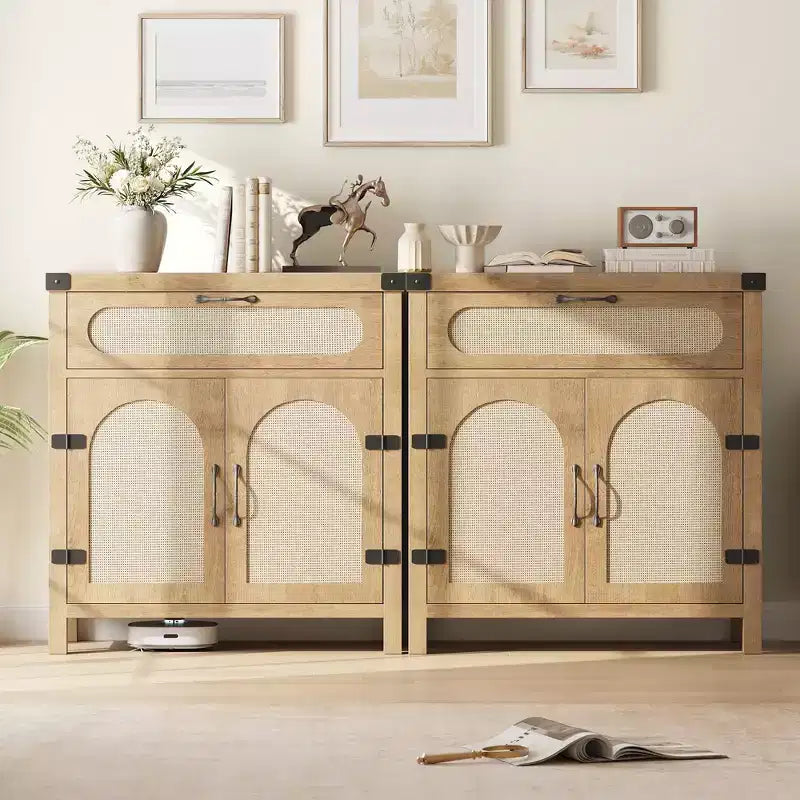 Credenze a buffet in rattan con contenitore, mobiletto da cucina in stile rustico con cassetto per sala da pranzo, soggiorno, corridoio
