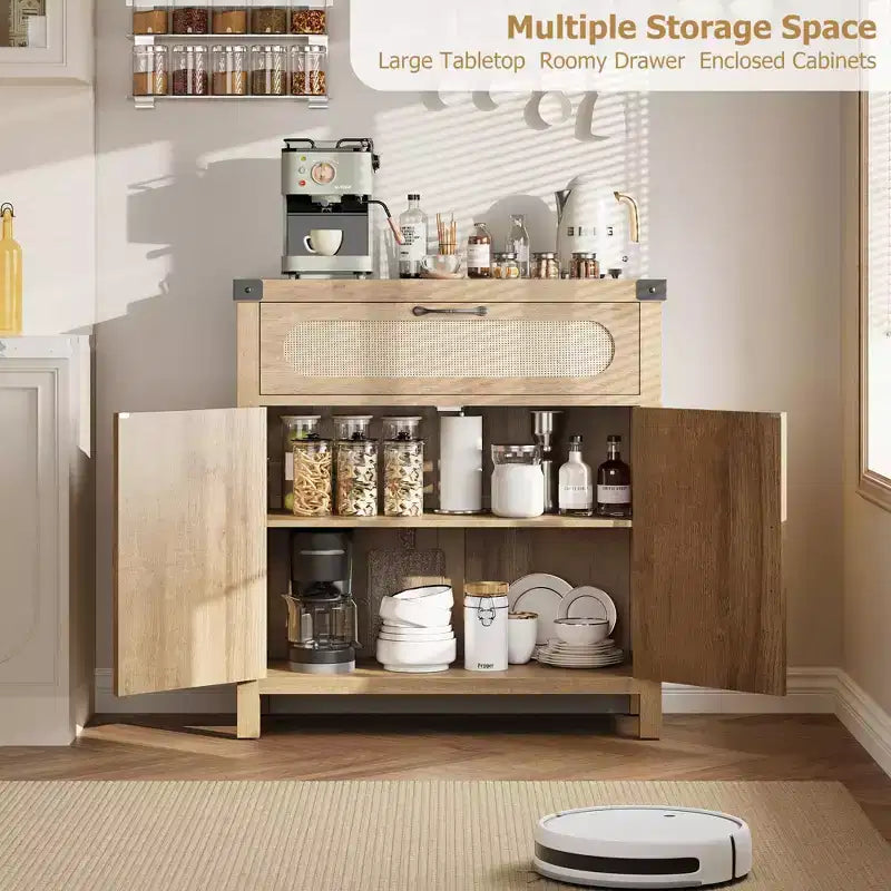 Credenze a buffet in rattan con contenitore, mobiletto da cucina in stile rustico con cassetto per sala da pranzo, soggiorno, corridoio