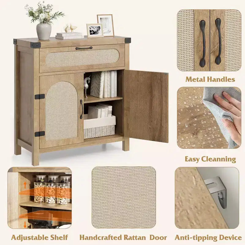 Credenze a buffet in rattan con contenitore, mobiletto da cucina in stile rustico con cassetto per sala da pranzo, soggiorno, corridoio