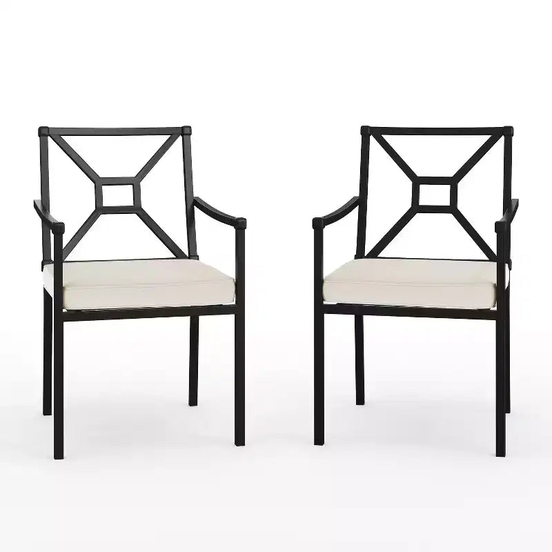 Martha Stewart Lily Pond Set of 2 Indoor-Outdoor Stackable Patio Dining Armchairs with Steel Frames in Black with Cream All-Weather Cushions