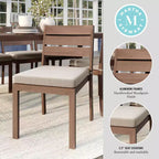 Set di 2 sedie da pranzo impilabili Martha Stewart Bedford per interni-esterni con finitura in alluminio spazzolato effetto legno e cuscini per tutte le stagioni