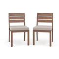 Set di 2 sedie da pranzo impilabili Martha Stewart Bedford per interni-esterni con finitura in alluminio spazzolato effetto legno e cuscini per tutte le stagioni