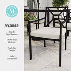 Sedia da pranzo impilabile per patio da interni ed esterni Martha Stewart Lily Pond con braccioli, telaio in acciaio nero e cuscino in crema per tutte le stagioni
