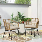GDFStudio Monture Outdoor Wicker and Iron Dining Chairs with Cushion (Set of 2), Light Brown/Beige