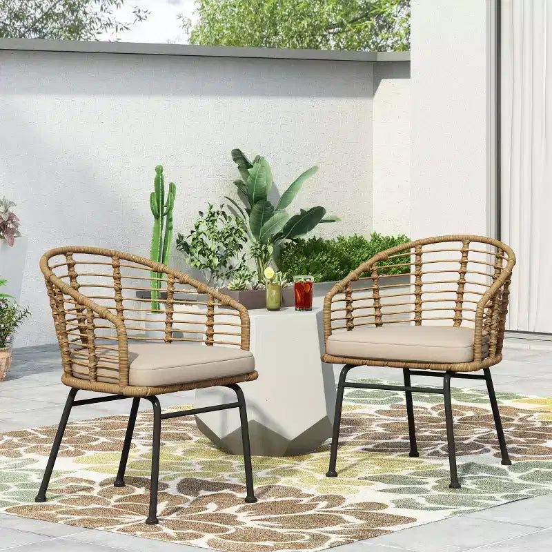 GDFStudio Monture Outdoor Wicker and Iron Dining Chairs with Cushion (Set of 2), Light Brown/Beige
