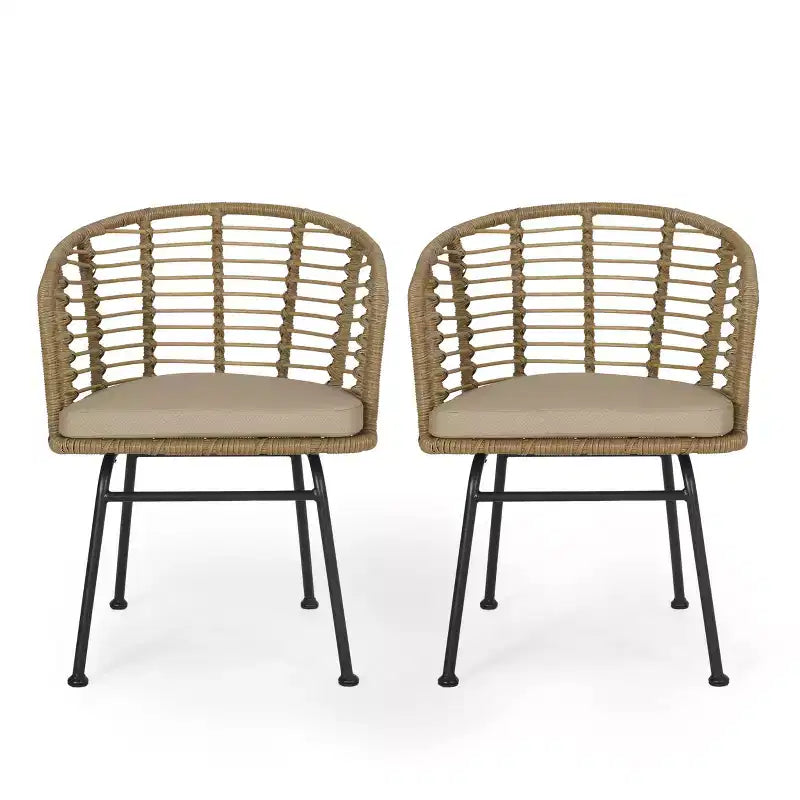 GDFStudio Monture Sedie da Pranzo da Esterno in Vimini e Ferro con Cuscino (Set di 2), Marrone Chiaro/Beige