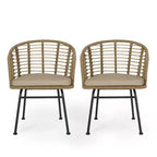 GDFStudio Monture Sedie da Pranzo da Esterno in Vimini e Ferro con Cuscino (Set di 2), Marrone Chiaro/Beige