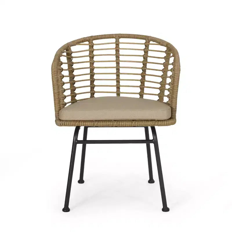 GDFStudio Monture Sedie da Pranzo da Esterno in Vimini e Ferro con Cuscino (Set di 2), Marrone Chiaro/Beige