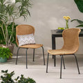 GDFStudio Kittama Outdoor Boho Wicker and Iron Dining Chairs (Set of 2), Light Brown/Black