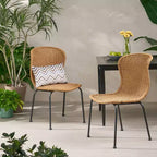 GDFStudio Kittama Outdoor Boho Wicker and Iron Dining Chairs (Set of 2), Light Brown/Black