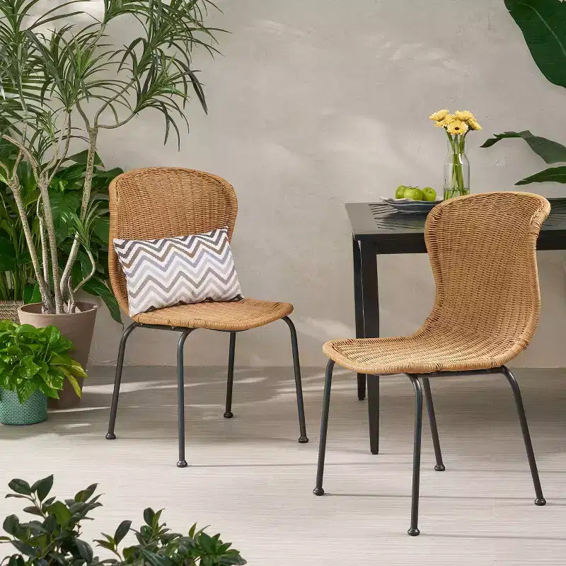 GDFStudio Kittama Outdoor Boho Wicker and Iron Dining Chairs (Set of 2), Light Brown/Black