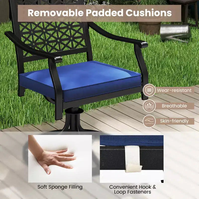 Costway Lot de 4 chaises pivotantes d'extérieur avec coussins rembourrés et dossier haut, beige/bleu marine