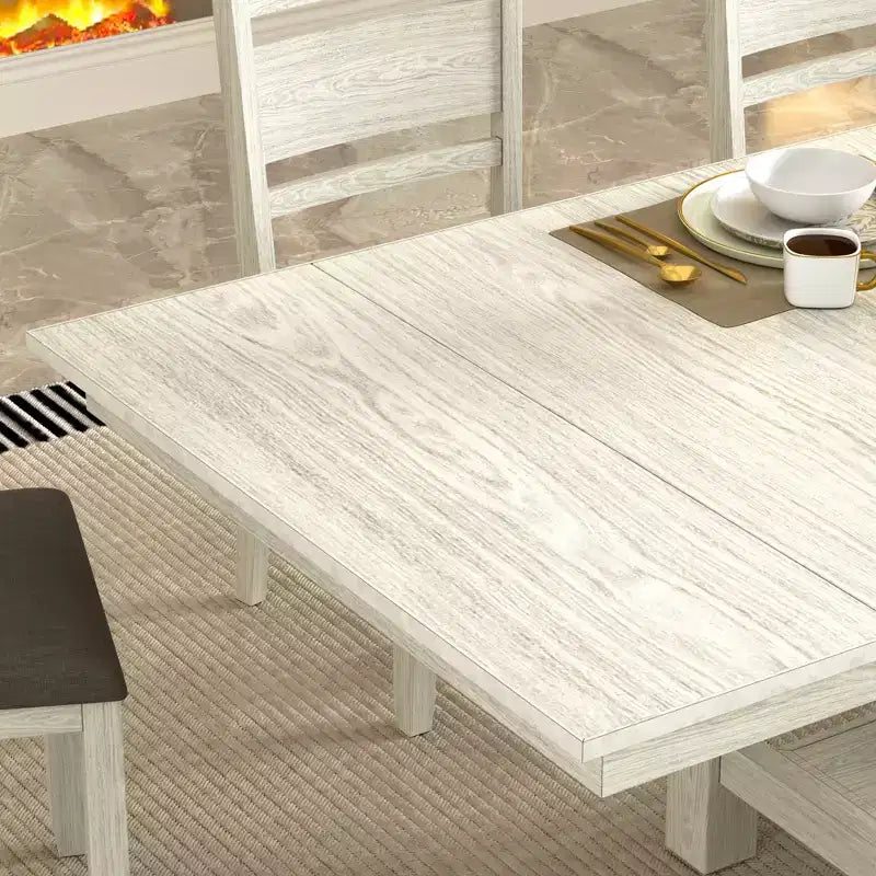Set tavolo da pranzo allungabile rustico di 7 pezzi per 6 persone, tavolo in legno di gomma e 6 sedie da pranzo imbottite senza braccioli, grigio