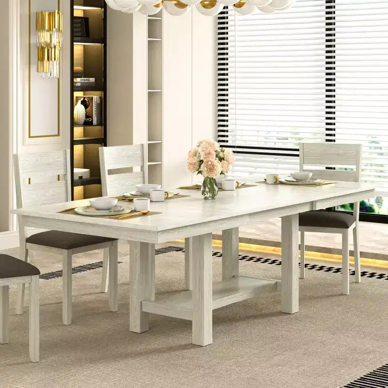Set tavolo da pranzo allungabile rustico di 7 pezzi per 6 persone, tavolo in legno di gomma e 6 sedie da pranzo imbottite senza braccioli, grigio
