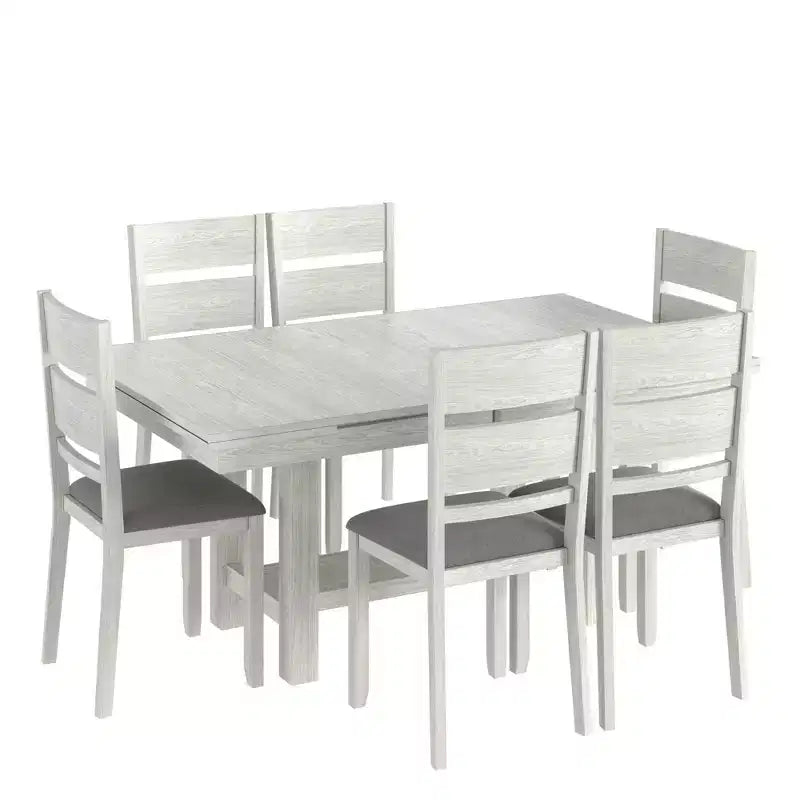 Set tavolo da pranzo allungabile rustico di 7 pezzi per 6 persone, tavolo in legno di gomma e 6 sedie da pranzo imbottite senza braccioli, grigio