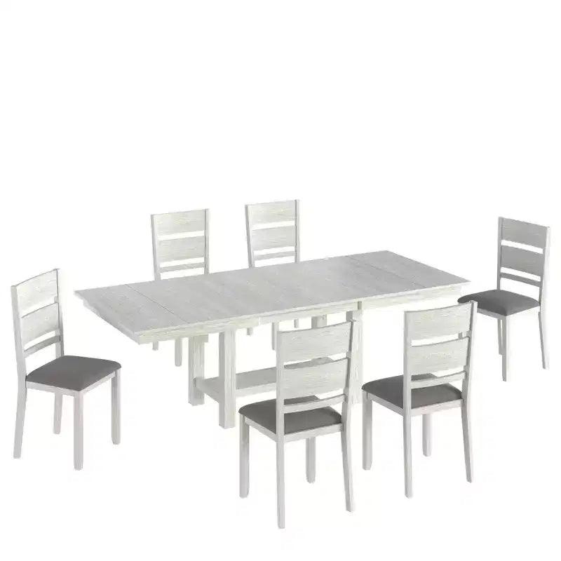 Set tavolo da pranzo allungabile rustico di 7 pezzi per 6 persone, tavolo in legno di gomma e 6 sedie da pranzo imbottite senza braccioli, grigio