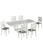 Set tavolo da pranzo allungabile rustico di 7 pezzi per 6 persone, tavolo in legno di gomma e 6 sedie da pranzo imbottite senza braccioli, grigio