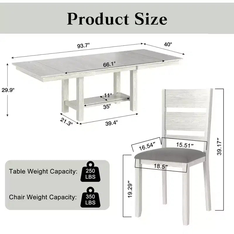Set tavolo da pranzo allungabile rustico di 7 pezzi per 6 persone, tavolo in legno di gomma e 6 sedie da pranzo imbottite senza braccioli, grigio