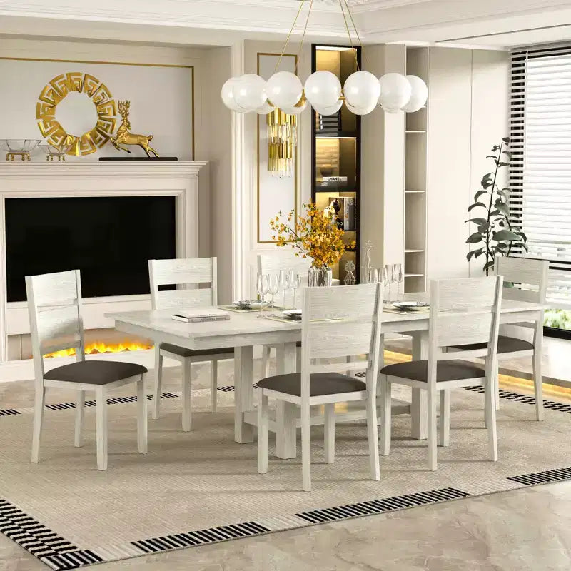 Set tavolo da pranzo allungabile rustico di 7 pezzi per 6 persone, tavolo in legno di gomma e 6 sedie da pranzo imbottite senza braccioli, grigio
