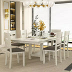 Set tavolo da pranzo allungabile rustico di 7 pezzi per 6 persone, tavolo in legno di gomma e 6 sedie da pranzo imbottite senza braccioli, grigio