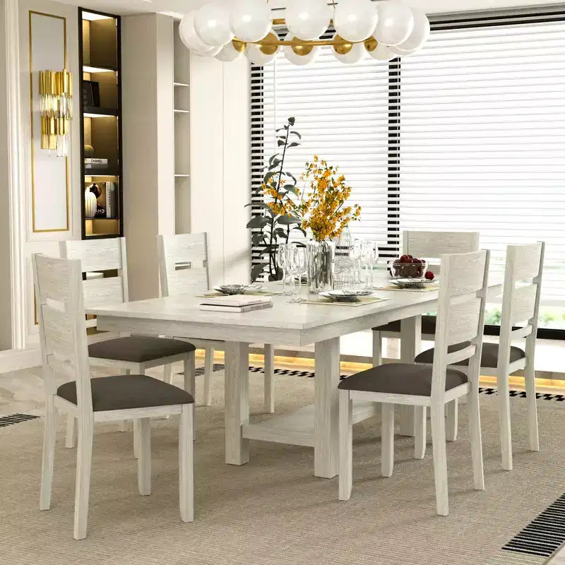 Set tavolo da pranzo allungabile rustico di 7 pezzi per 6 persone, tavolo in legno di gomma e 6 sedie da pranzo imbottite senza braccioli, grigio
