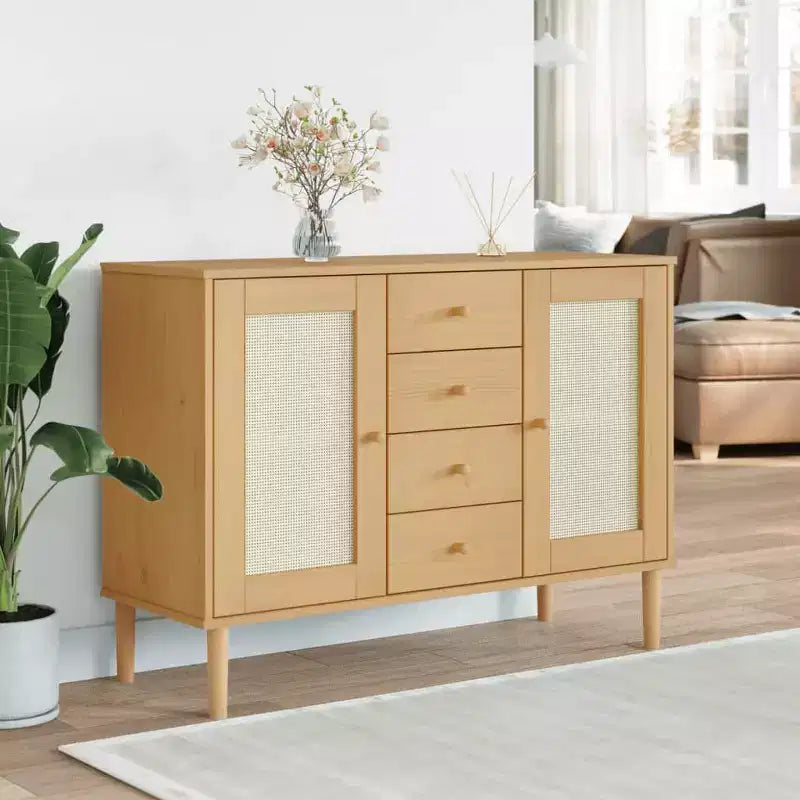 Credenza Buffet Contenitore Effetto Rattan Legno Massello di Pino, Con 4 Cassetti