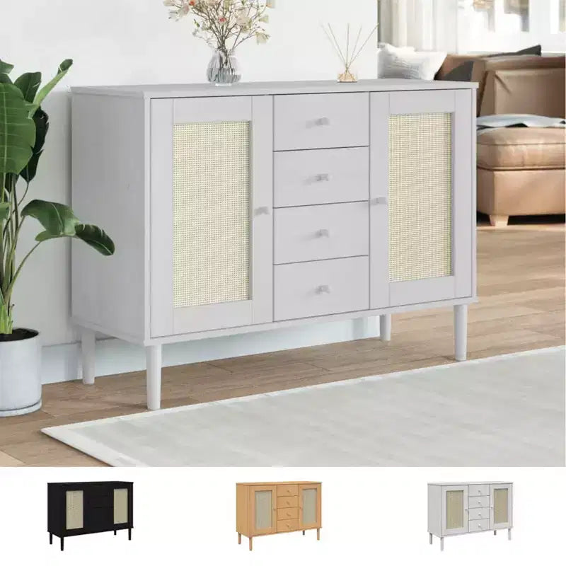 Credenza Buffet Contenitore Effetto Rattan Legno Massello di Pino, Con 4 Cassetti